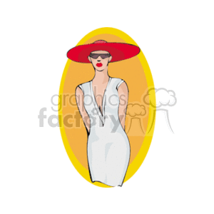 The image is a clipart illustration of a stylish woman. She is wearing a large red hat and sunglasses with a white or light-colored dress. The background is a simple oval in a shade of yellow-orange, providing a contrast with her attire.