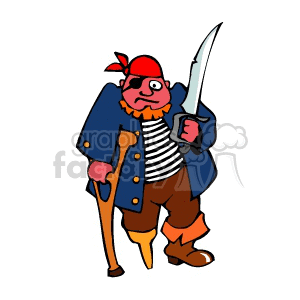 Cartoon pirate with an eyepatch, peg leg, crutch, holding a sword, wearing a red bandana and blue jacket.