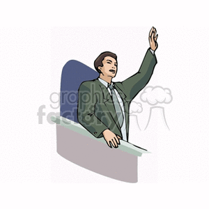 Clipart of a male speaker in a suit raising his hand while standing behind a podium.