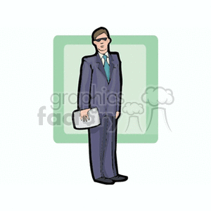 Clipart image of a man in a suit holding a folder, with a rectangular background.