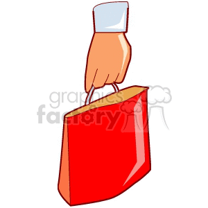 Clipart image of a hand holding a red shopping bag.