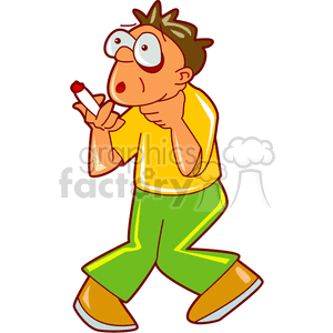 Clipart of a cartoon man with glasses and messy hair, wearing a yellow shirt and green pants, holding a lit cigarette and gagging