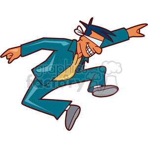 Illustration of an excited man wearing a blindfold, dancing energetically.