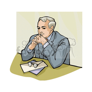 Clipart illustration of a man sitting at a table, deep in thought, with glasses and papers in front of him.