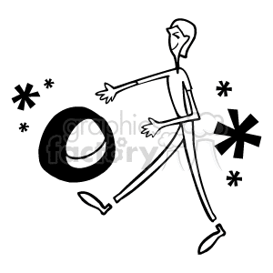   The clipart image features a stylized stick figure of a man rolling a tire with his foot. The man appears in profile and is walking towards the left with one hand extended forward and the other by his side. The tire is in motion with several asterisk shapes around it to denote movement. It