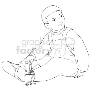 The image is a clipart illustration of a boy sitting down and tying his shoe. The child is depicted in a simple line drawing style, commonly used in educational materials and children's coloring books.