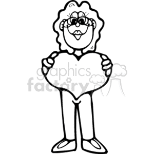 In the image, there is a stylized female character holding a large, heart-shaped object in front of her. The character has a smiling expression, curly hair, and is represented in a simple, cartoonish outline that appears to be designed for coloring or crafting purposes.