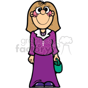 The clipart image features a cartoon representation of a female character with a country-style look. She has blonde hair adorned with flowers, is wearing a purple top with a small pattern and a white collar, coupled with a long, plain purple skirt and dark shoes. The character is also holding a small green handbag. The overall style of the image is simple and characterized by bold outlines and a playful design, typical of clipart graphics.