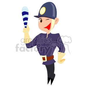 Cartoon illustration of a smiling police officer winking and holding a baton.