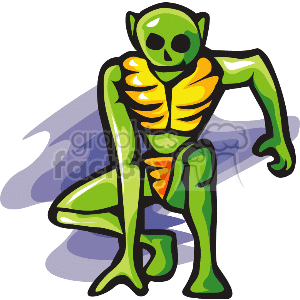   This clipart image features a stylized, cartoonish green alien. The alien has a distinctly non-human appearance with an oversized head, large black eyes, and a slim body. Its body showcases a skeletal-like pattern in yellow and orange over the chest, indicating perhaps a spacesuit or its actual body structure. It is depicted sitting with one knee up and one arm resting on the knee, and the other leg extended out, in a relaxed pose. 