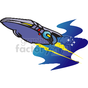 The clipart image depicts a stylized spaceship with a sleek design, featuring a pointed tip and what appears to be a cockpit with windows. It has accents of yellow and red, and the spaceship is shown as if it is in motion, emitting yellow propulsion at the rear and surrounded by a blue trail that resembles a motion blur. There are white stars depicted to the right of the spaceship, suggesting that it is traveling through space.