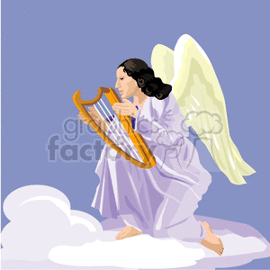 A clipart image of an angel kneeling on a cloud playing a harp, symbolizing a heavenly and holy theme.