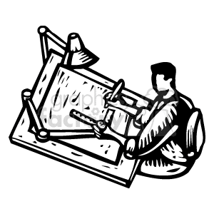 The clipart image depicts a black and white illustration of an artist or architect at work. The individual is shown seated at a desk, with several drafting tools such as a T-square and ruler visible on the desk. This person is likely an employee working on architectural drafts or artwork.
