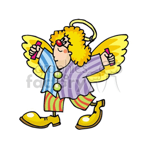 A Silly Clown wearing Colorful Striped Clothes Wearing Angel Wings and a Halo