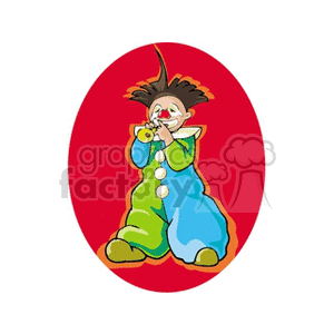 A Clown Dressed in Green and Blue with Big Brown Hair Playing a Horn