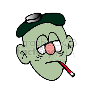 Illustration of a sick boy with a green face, wearing a cold compress and holding a thermometer in his mouth.