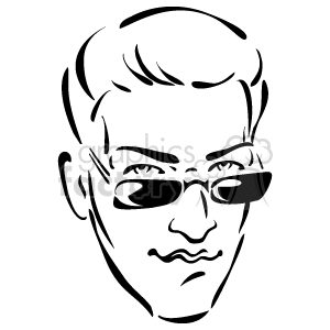 The image is a line art illustration of a male face. The face features distinctive glasses, a neatly styled haircut, and well-defined facial features such as eyebrows, eyes, a nose, and lips.