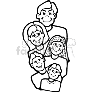 The clipart image depicts a stylized representation of a family unit. There are five figures in total suggested to be a mother, father, a daughter, and two sons by their relative sizes and positions. They are shown with smiling faces, and the image is line art without any color fill, giving it a simple and clean appearance suitable for various design purposes.
