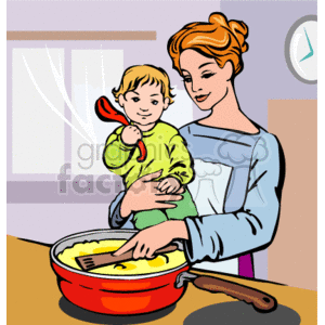 The clipart image shows a mother and child in a kitchen environment. The mother is holding the child with one arm while stirring a bowl with a spatula in the other hand. The child appears to be holding a red spoon and enjoying the cooking activity. The kitchen backdrop includes a window and some kitchen utensils. The illustration style is simple and colorful, typical of clipart.
