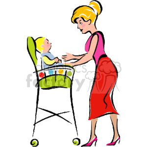 This clipart image features a stylized representation of a mother interacting with her baby who is sitting in a high chair. The mother is bending slightly toward the child with a caring gesture, and both figures are depicted with simple lines and bright colors.