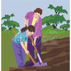 This clipart image illustrates two people, likely a parent and a child, engaged in gardening activities. The child appears to be digging into the ground with a tool, probably a shovel, while the parent is standing close by, perhaps giving guidance or support. They are outdoors, with trees and a grassy environment surrounding them.