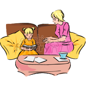   This clipart image shows a scene with a mother and daughter spending time together. The mother is sitting on an orange couch, dressed in a pink outfit, while the daughter sits opposite her, wearing an orange dress. They both appear to be reading or looking at a book. On the coffee table in front of them, there