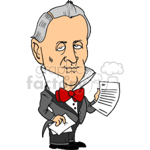 The clipart image features a caricature of a man representing James Buchanan, who was the 15th President of the United States. The figure is dressed in a formal suit with a bow tie and is holding a document, potentially alluding to political or presidential duties.