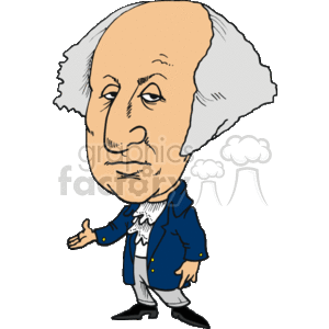 This clipart image depicts a cartoon caricature of George Washington, the first President of the United States. The character is portrayed in a humorous style, with an exaggerated head size, a serious facial expression, and period-appropriate attire such as a blue coat with buttons, white shirt, and black shoes.