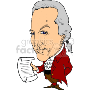   This clipart image features a caricature of a historical figure that resembles an American Founding Father, particularly suggesting the appearance of the second president of the United States based on the clues provided. The caricature is animated, with exaggerated facial features for comedic effect. The character is wearing a red colonial-era coat with a white shirt and frilly collar, knee-length breeches, white stockings, and black colonial-style shoes with buckles. He is also holding a paper or document in his hand, which may suggest the individual