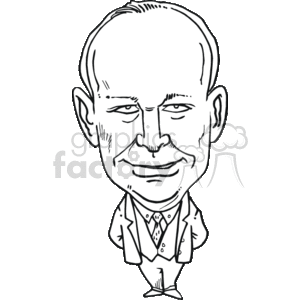 This is a black and white caricature clipart image of a male figure intended to represent the 34th President of the United States, Dwight D. Eisenhower. The caricature features a stylized and humorous depiction, exaggerating certain facial features such as the ears and forehead. The character is dressed in a suit with a patterned tie, conveying a formal or political setting.