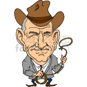 The clipart image depicts a caricature of a cowboy character who embodies an American political theme. The character is notably wearing a large cowboy hat, a suit with a tie, and has a stern expression. He is holding a lasso in one hand and looks to feature an exaggerated ear size in a humorous fashion, typical of caricature style. The image is vibrant and seems to evoke the persona of a traditional, rugged American figure often associated with the persona of a Western cowboy.
