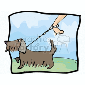 Cartoon image of a dog being walked on a leash tied around a person's wrist.