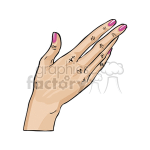 Clipart illustration of a hand with pink nail polish, shown in a gesture.