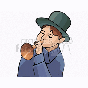 A boy in a hat blowing a horn