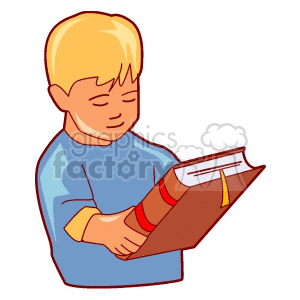 Boy in a blue shirt holding a book