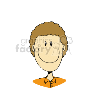 The clipart image features a cartoon representation of a boy with a big, happy smile. He has curly hair, simple facial features consisting of two dots for eyes and a curved line for the mouth, and is wearing a shirt with a collar. The background of the image is transparent.