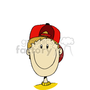 The clipart image displays a cartoon representation of a boy smiling. The boy is depicted with a large, round happy face, and is wearing a red cap with a peak pointing backward. He has simple eyes and a big, friendly smile.