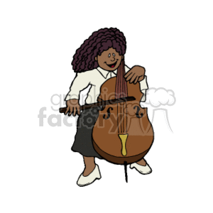 The clipart image features a cartoon representation of a smiling African American girl playing a cello. She is standing and wearing a white top with a black skirt, and she has curly hair.