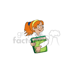 The clipart image depicts a cartoon of a girl with red hair tied back with a yellow hairband. She is smiling and holding a stack of green books, suggesting she might be a student preparing for school or engaged in academic activities.