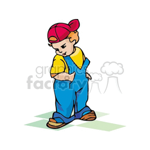 A little boy in bib overalls with a baseball cap