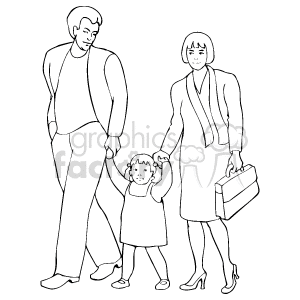 This clipart image depicts a stylized representation of a family of three walking together. It features an adult male and female who appear to be the parents, with the female holding a briefcase-like object, and a young child who is being held by the hand, likely their kid. The image is monochrome, lacking any colors other than black outlines on a white background.