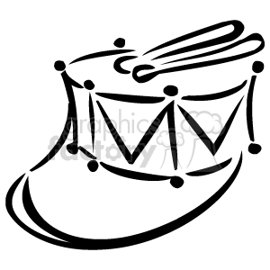 This clipart image depicts a snare drum at an angle, with its drumsticks resting on top. There are tension rods and lugs visible around the drum's shell, and the snares or wires can be seen wrapped around the bottom of the drum.