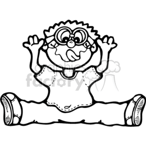   The clipart image shows a cartoon of a young boy making a silly face by pulling down his lower eyelids with his fingers. He is sitting with his legs stretched out to the sides and is wearing a T-shirt, shorts, and shoes. The boy