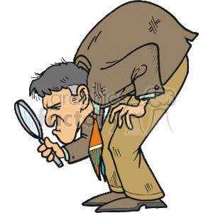 The clipart image shows a stylized depiction of a private investigator or detective. The character is hunched over, intently looking through a magnifying glass, as if searching for clues. The detective is wearing a classic brown overcoat, typically associated with the attire of a private eye, and has an expression of concentration or suspicion. This image evokes the theme of investigation, crime-solving, and the search for evidence.