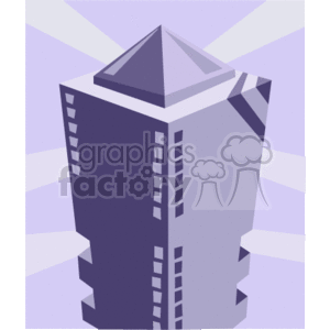 The clipart image depicts a stylized illustration of a modern skyscraper. The building features a geometric, angular design with a prominent vertical structure and a distinctive pyramidal top. The image has a monochromatic purple palette with highlights and shadows to lend depth and form. This could represent commercial real estate in an urban setting like an apartment building, hotel, or office skyscraper.