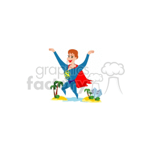 Cartoon superhero character with a red cape and blue costume standing on a small island with trees and rocks.