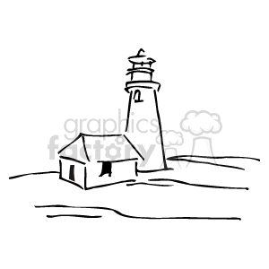 The clipart image depicts a lighthouse next to a small building, which could be a keeper's house, on a coast. The lighthouse is tall and slender with visible tiers or levels, often characteristic of such structures for visibility from the sea. The presence of the ocean or water in the background suggests that this lighthouse is situated along a shoreline to guide ships. No waves or detailed features of the ocean or coast are visible, but their implied presence is fundamental to the setting of the lighthouse.