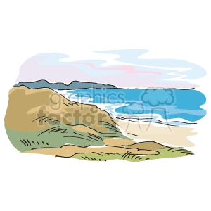 The clipart image features a stylized representation of a coastal beach scene. You can see a body of water that resembles an ocean or sea, a beach with sand, and a rock formation. There are also clouds in the sky overhead, suggesting an overcast or partly cloudy day.