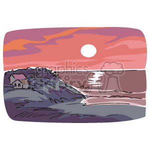   This clipart image depicts a scenic East Coast beach during sunset. You can see a body of water that is likely the ocean, with waves gently reaching the shore. In the foreground, there