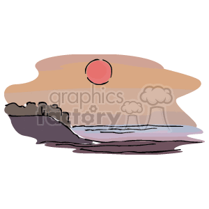 The clipart image depicts a stylized representation of a coastal scene, possibly evoking the theme of an east coast beach environment. It includes a body of water, which could be the ocean, under a sky with a sun setting or rising. There is also a landform that resembles a cliff or headland adjacent to the water. The colors are soft and pastel-like, indicative of a tranquil coastal atmosphere.